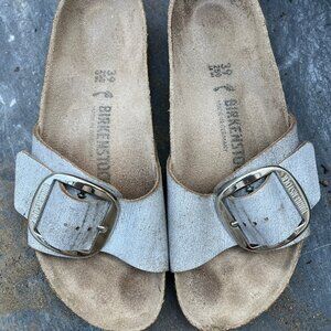 Birkenstock Leather Metallic Silver Big Madrid Buckle Sandals